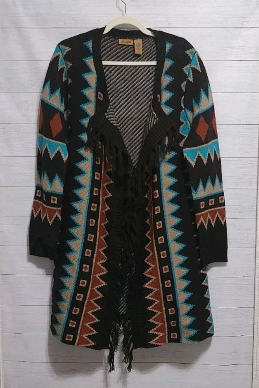 Wrangler Women's Southwestern Aztec Fringe Cardigan Sweater Open Front Boho Larg